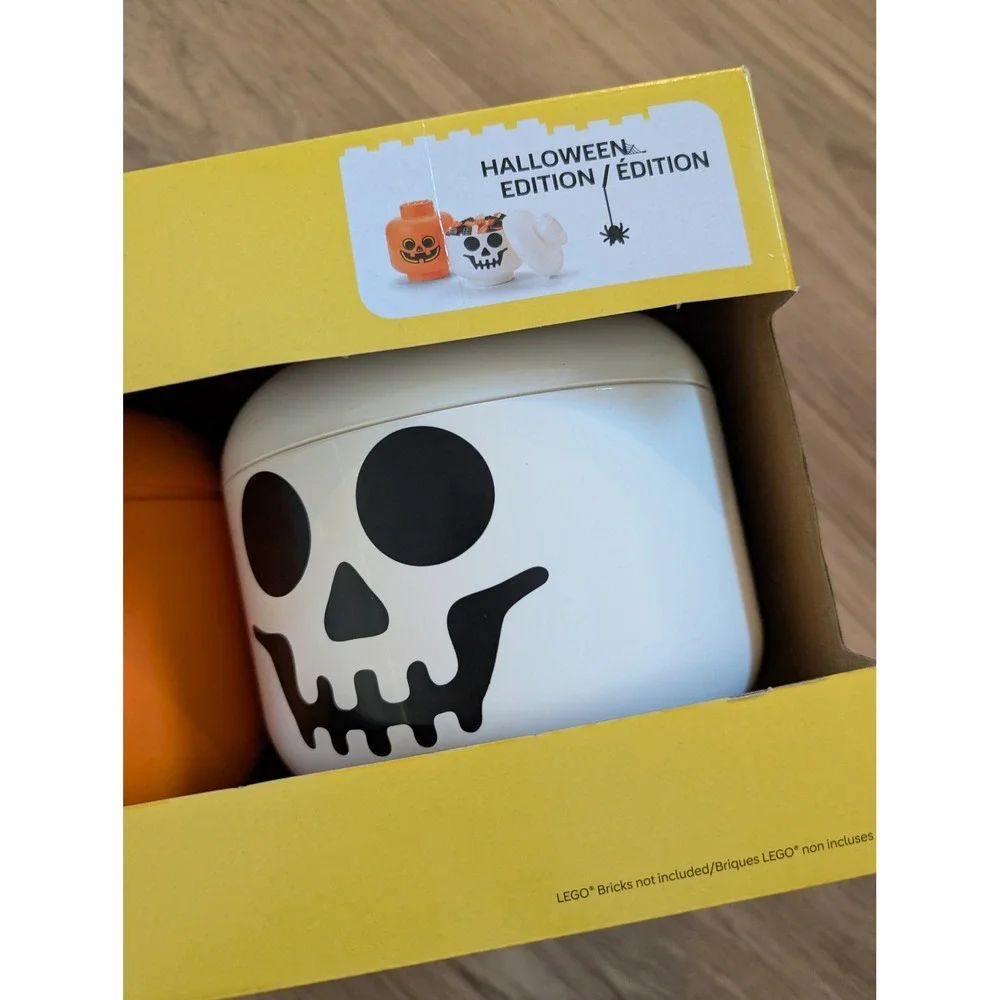 LEGO Halloween Storage Head Small Pumpkin Skull Organizer Bin 2 Pack Stackable